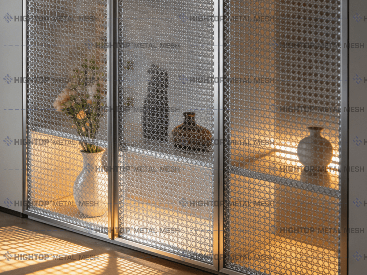 Cressed wire mesh for entryway cabinets